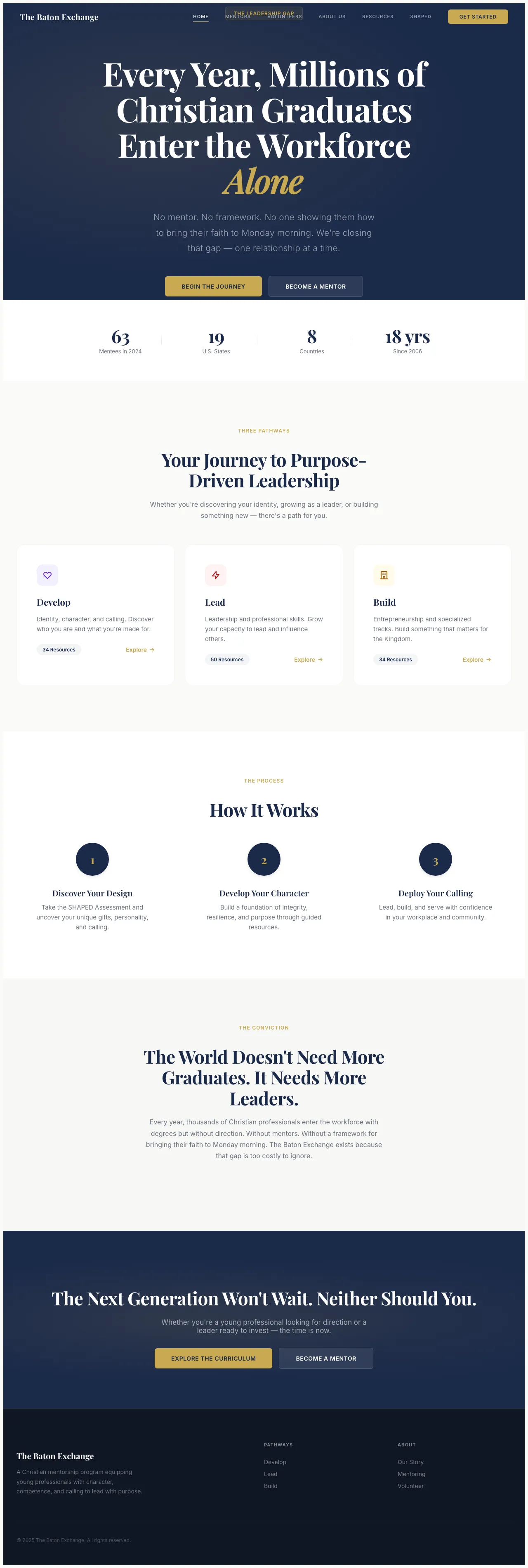 Baton Exchange rebuilt — polished leadership platform with pathways, stats, and mentoring process