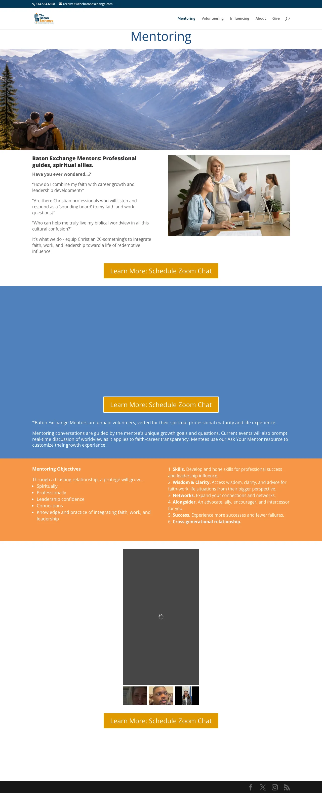 Baton Exchange original — basic WordPress page with stock mountain photo and orange buttons