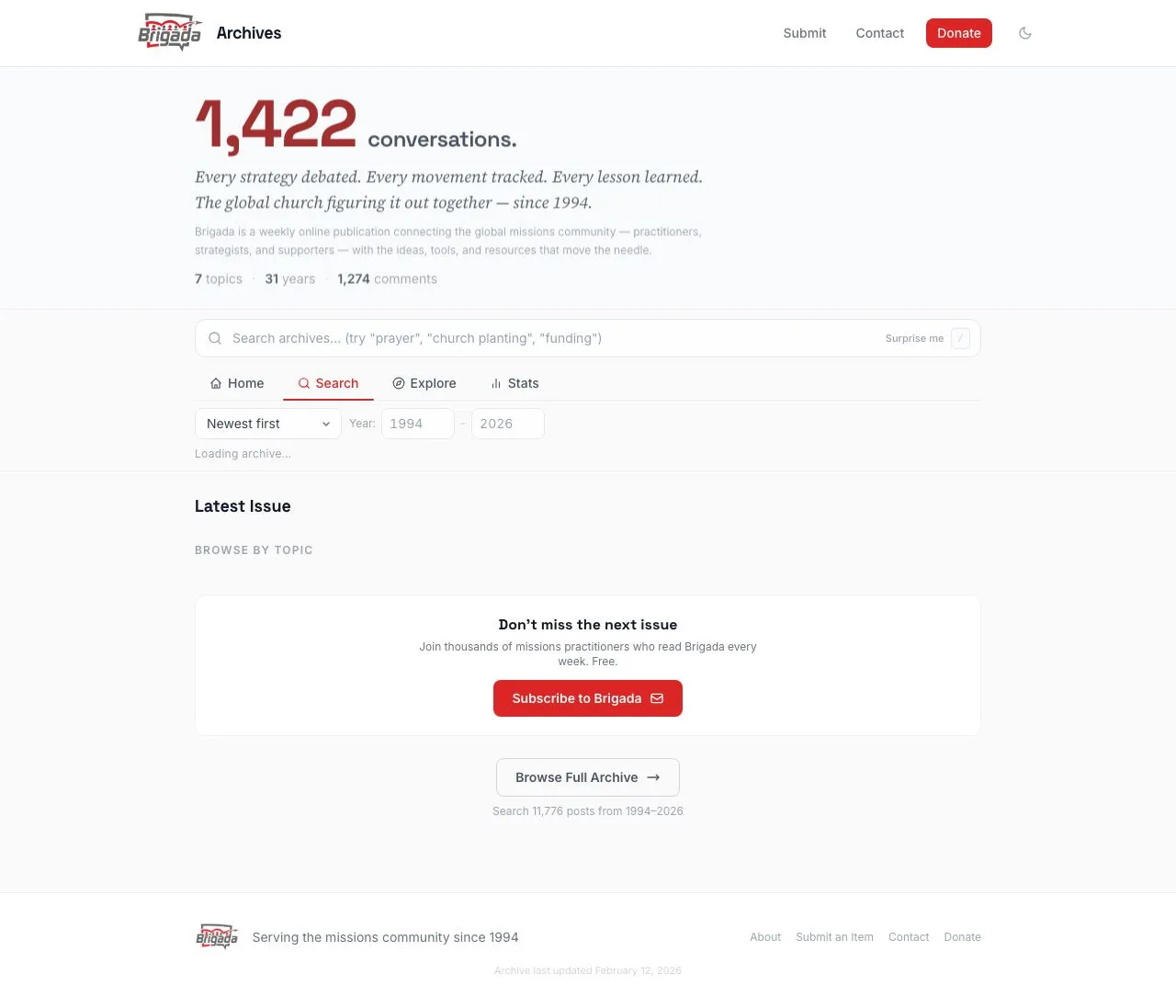 Brigada Archives rebuilt — clean search interface with topic filters and stats