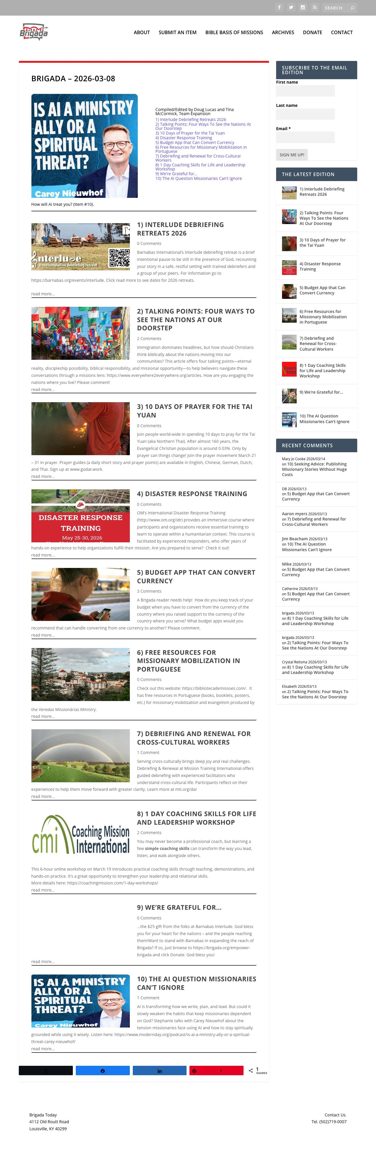 Brigada original site — WordPress blog layout with sidebar and mixed content