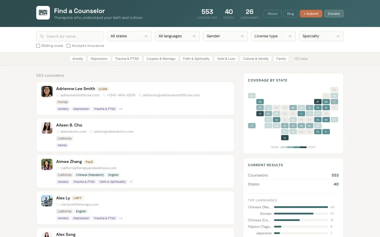 CAMH Directory search page with state and language filters