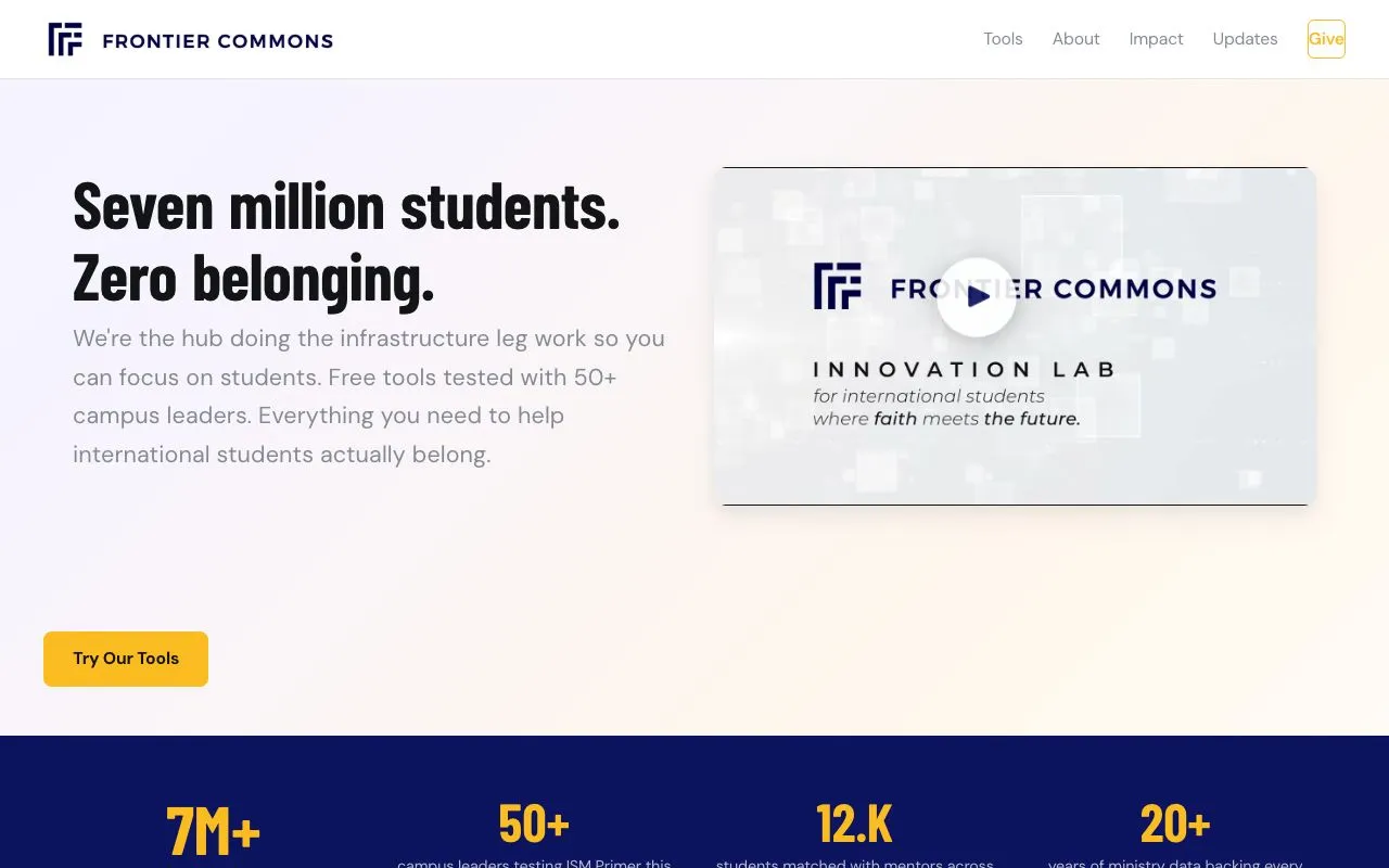 Frontier Commons homepage with hero video and programs