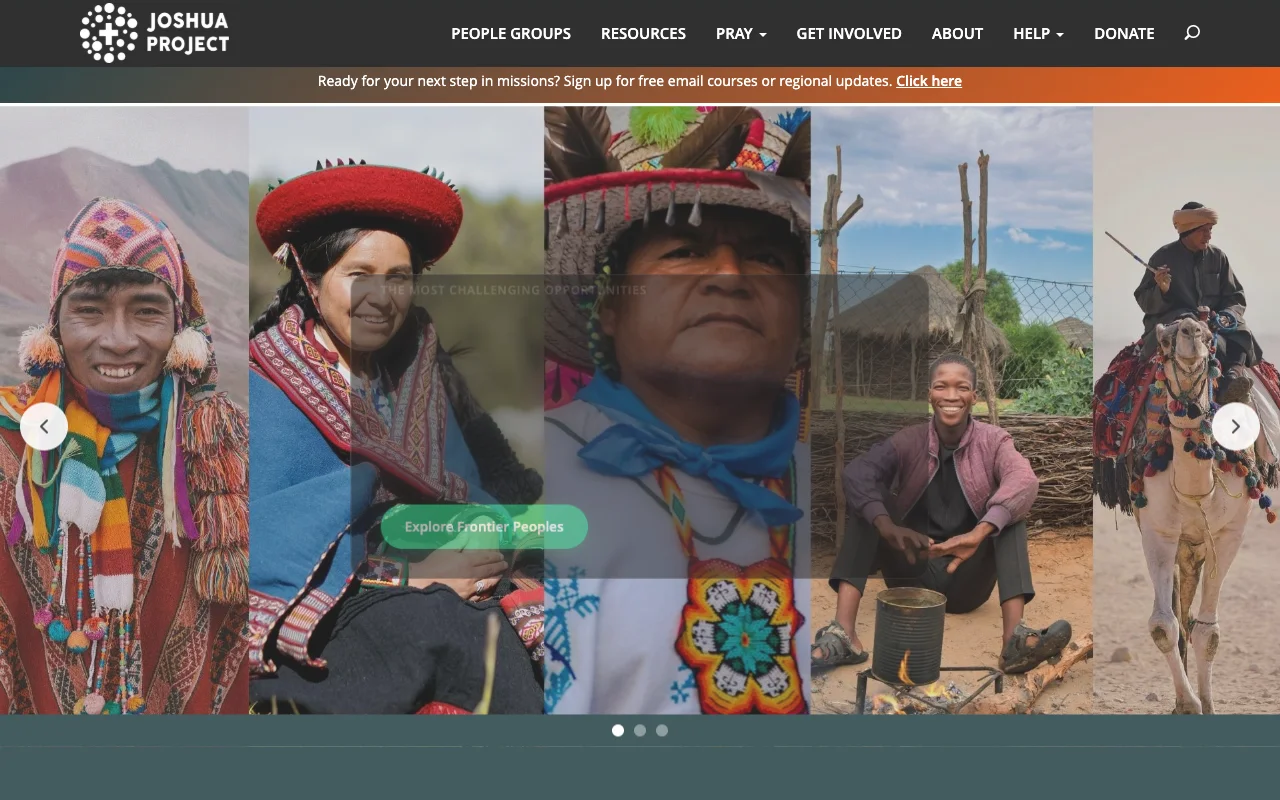 Joshua Project homepage showing unreached people groups worldwide