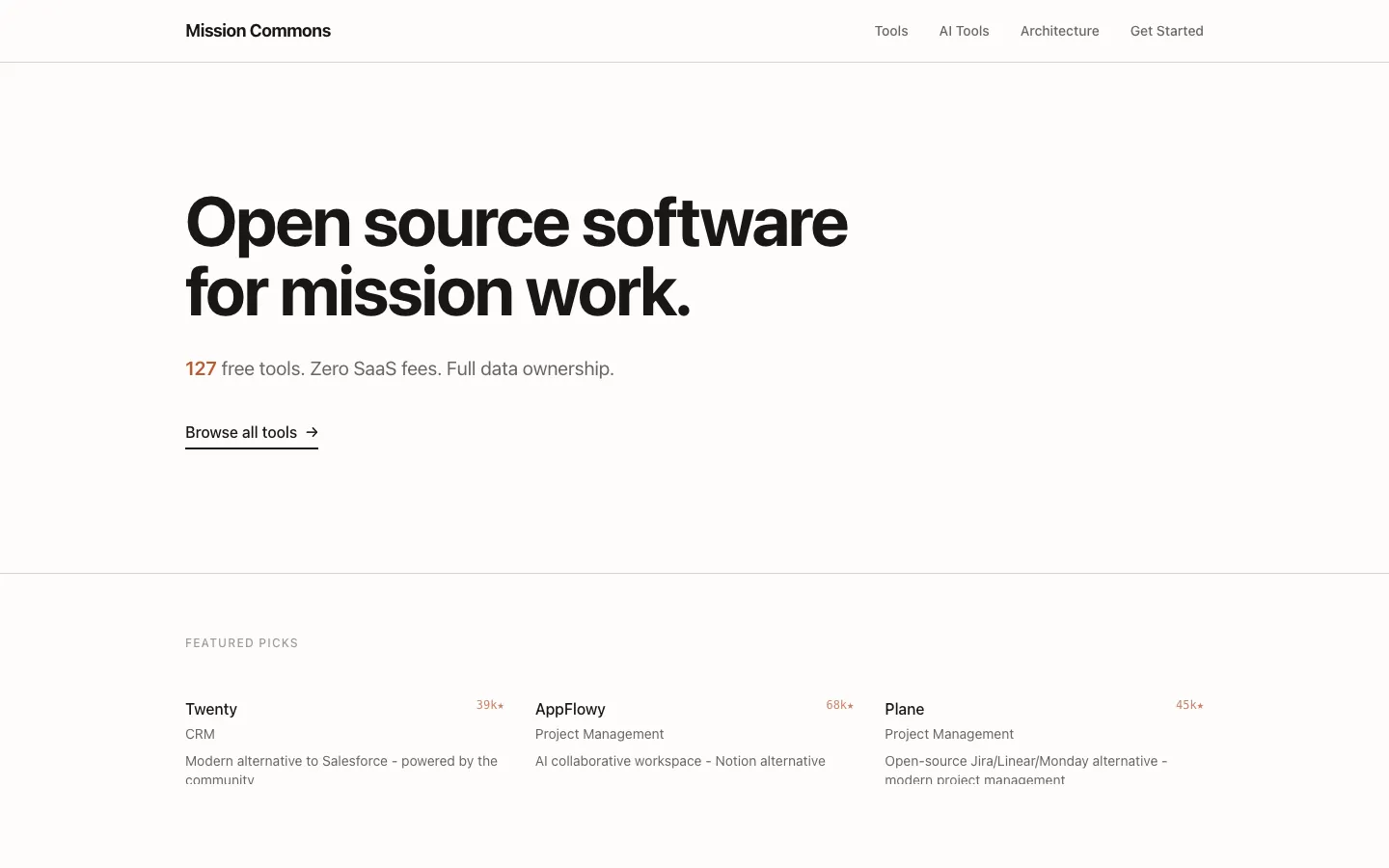 Mission Commons homepage with hero video and impact stats