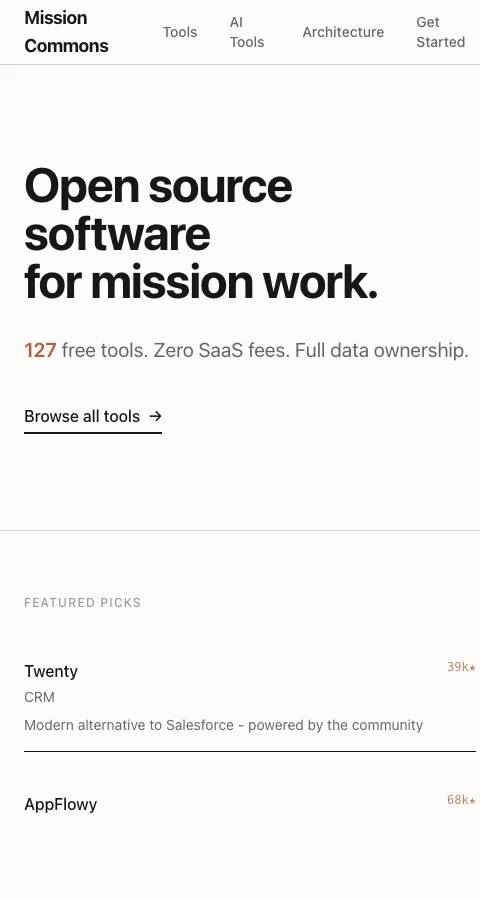 Mission Commons mobile view with team and impact framework