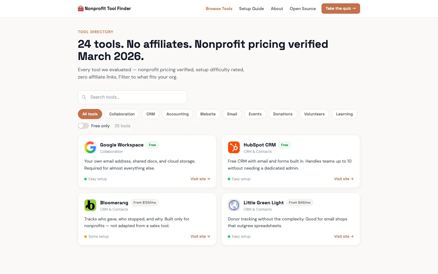 Nonprofit Toolkit tools page showing ranked tool recommendations