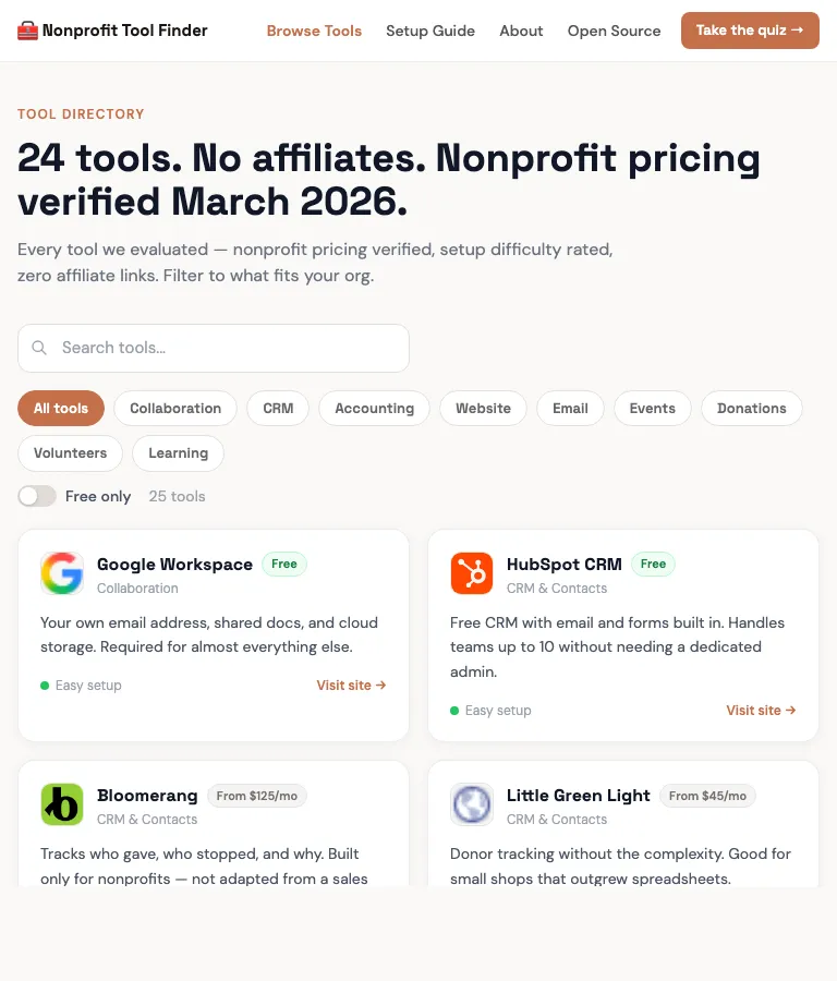 Nonprofit Toolkit tablet view with tool categories