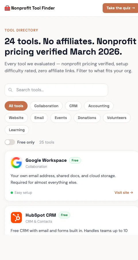 Nonprofit Toolkit mobile view with quiz interface