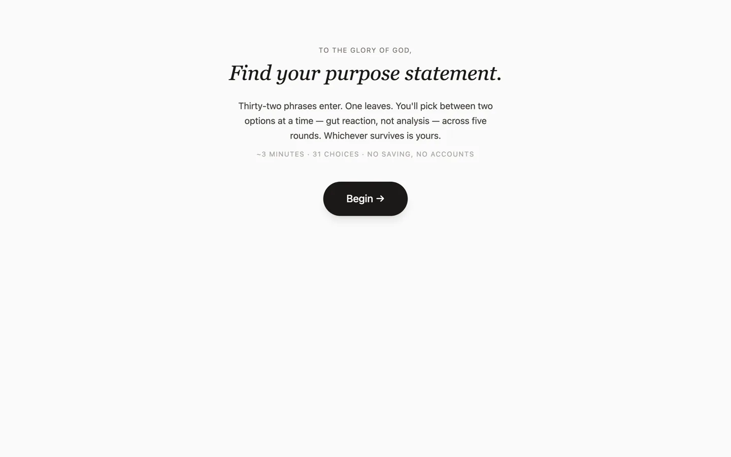 Purpose Tournament intro screen with Begin button