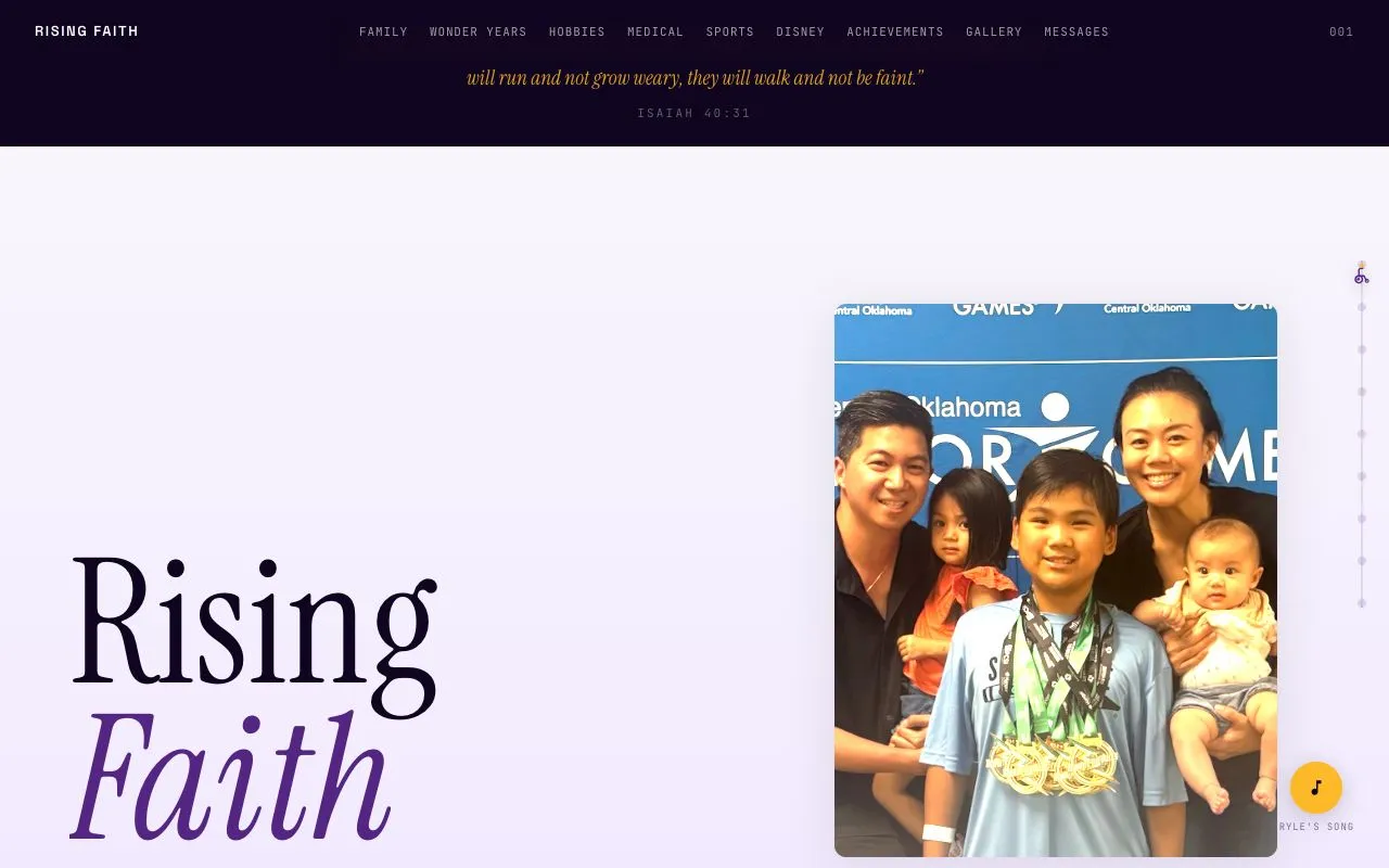 Rising Faith tribute site homepage with family photo and scripture