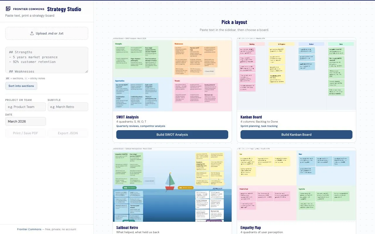 Strategy Studio template picker with 10 board types